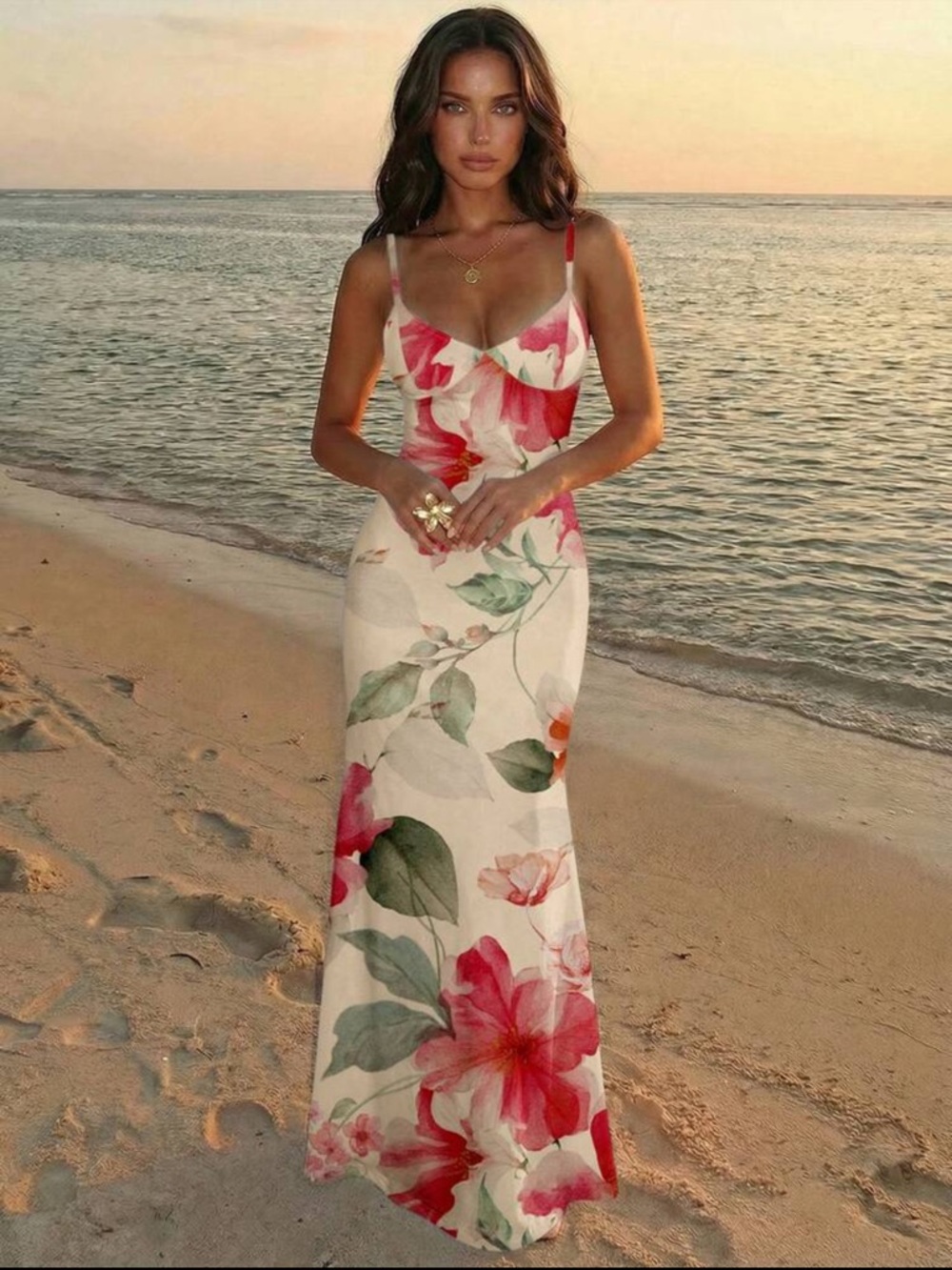 Women's Spaghetti Strap Tie-Up Bodycon Romantic Watercolor Floral Print Dress